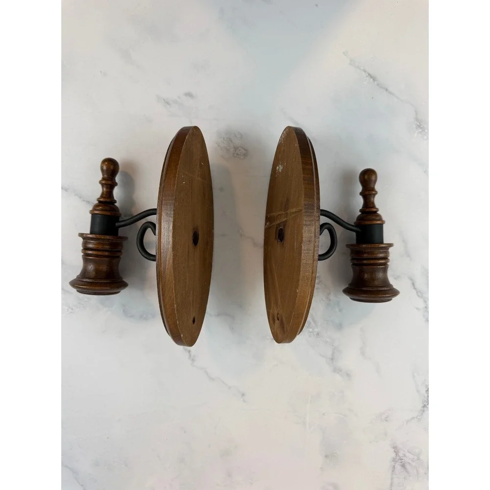 VTG PAIR (2) Wooden & Iron Candle Wall Sconces 8X3 Grandmacore